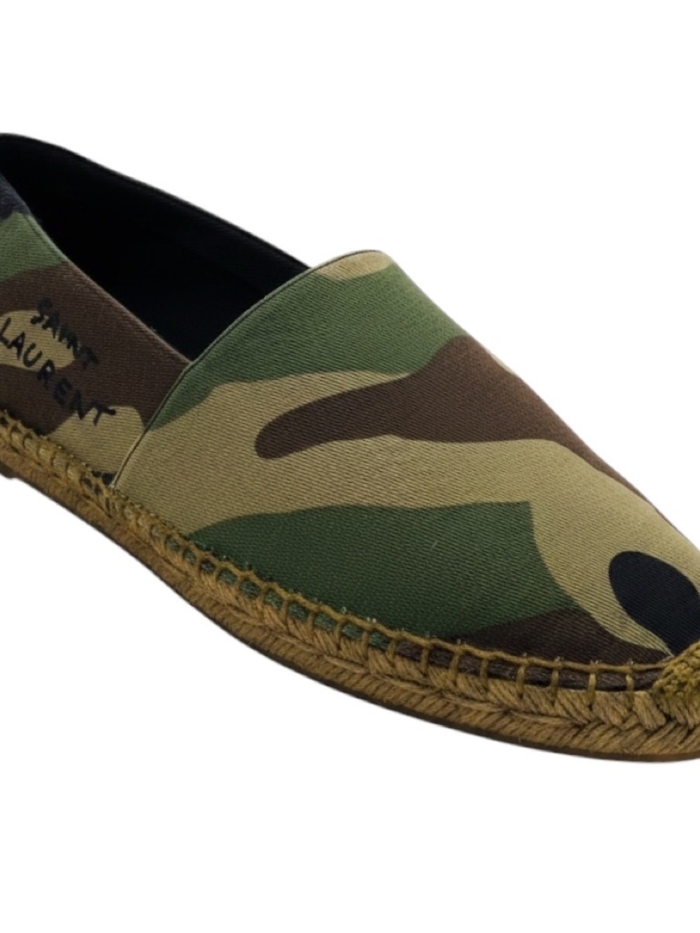 SAINT LAURENT GREEN CAMOUFLAGE PRINT LOGO EMBROIDERED CANVAS ESPADRILLE FLATS - Picture 1 of 8